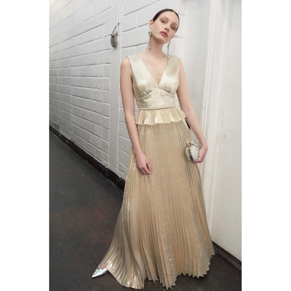 Self-Portrait Gold Metallic Pleated Maxi Gown NWT 8 Wedding Guest Formal Dress - Picture 9 of 9